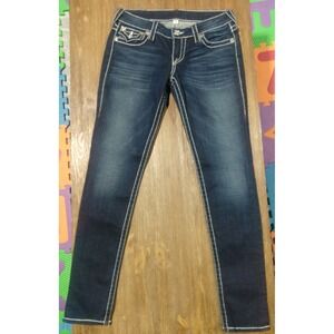 True Religion Jeans Womens Sz 28 Blue Flap Pockets Thick Stitching Dark Wash EUC